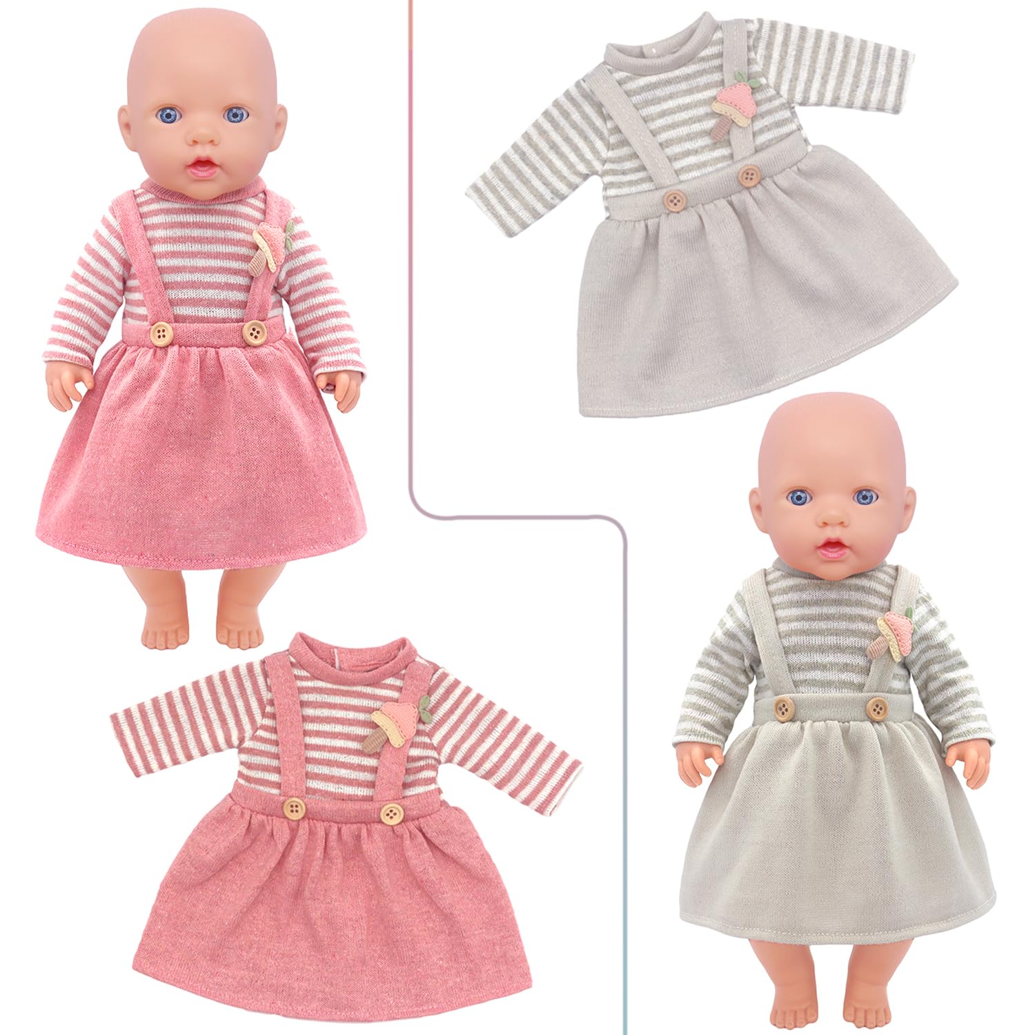 AK KYC two jumpsuits for 14-18 inch dolls, quick wear with Velcro.