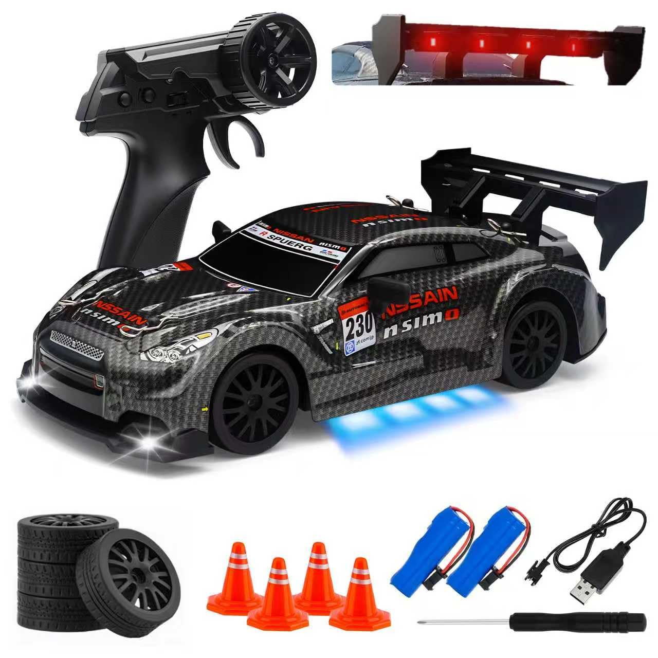 Aka Supaku RC Drift Car front view with bright headlights for night play.