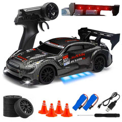 Aka Supaku RC Drift Car front view with bright headlights for night play.