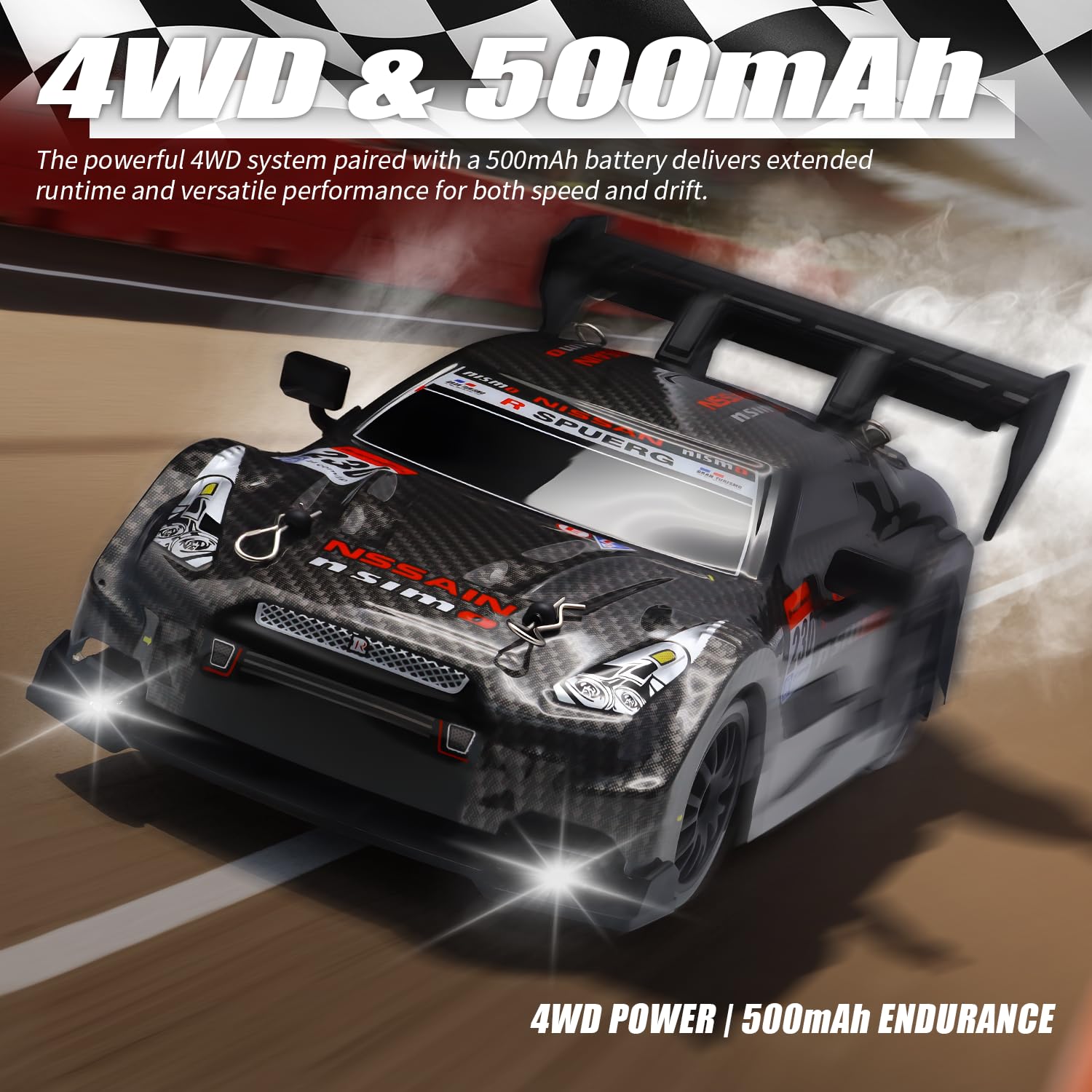 Aaka Supaku RC Drift Car side view shows 4WD capability for versatile surfaces.