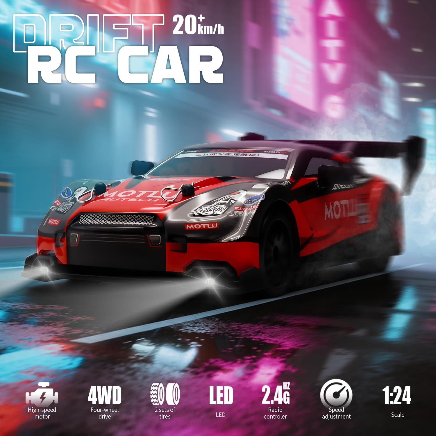 Aka Supaku RC Drift Car top view highlights compact design and quick battery access.