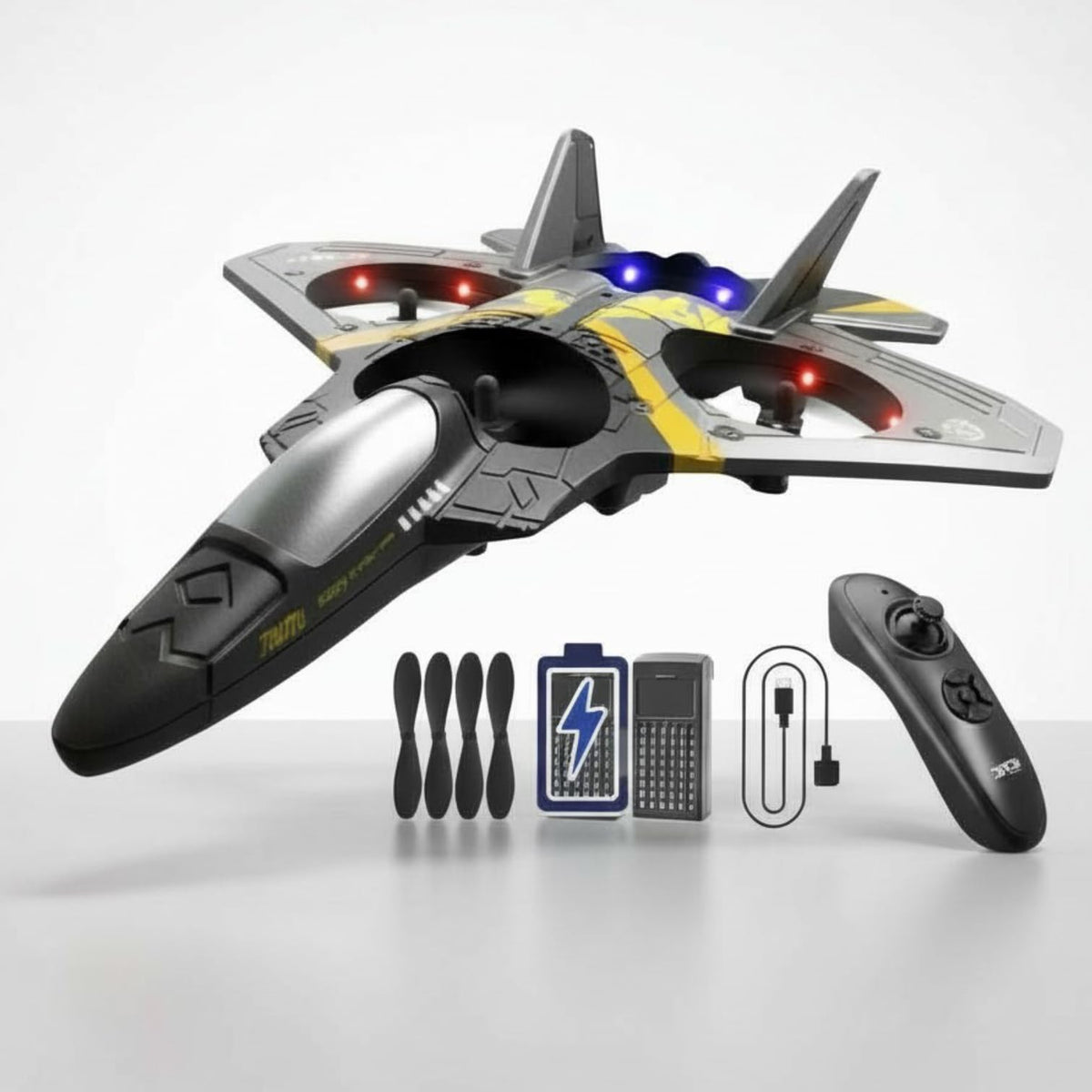 Akargol Sky Riders RC jet plane with LED lights for vibrant night flights.