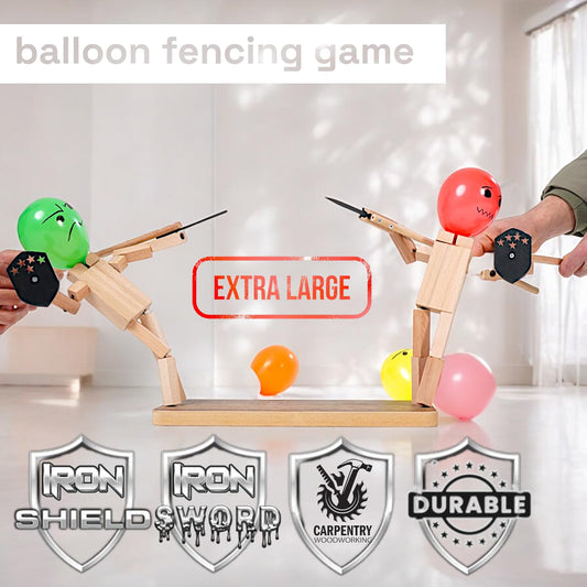 Akargol XL wooden bots duel with balloons, inviting competitive play in outdoor spaces.
