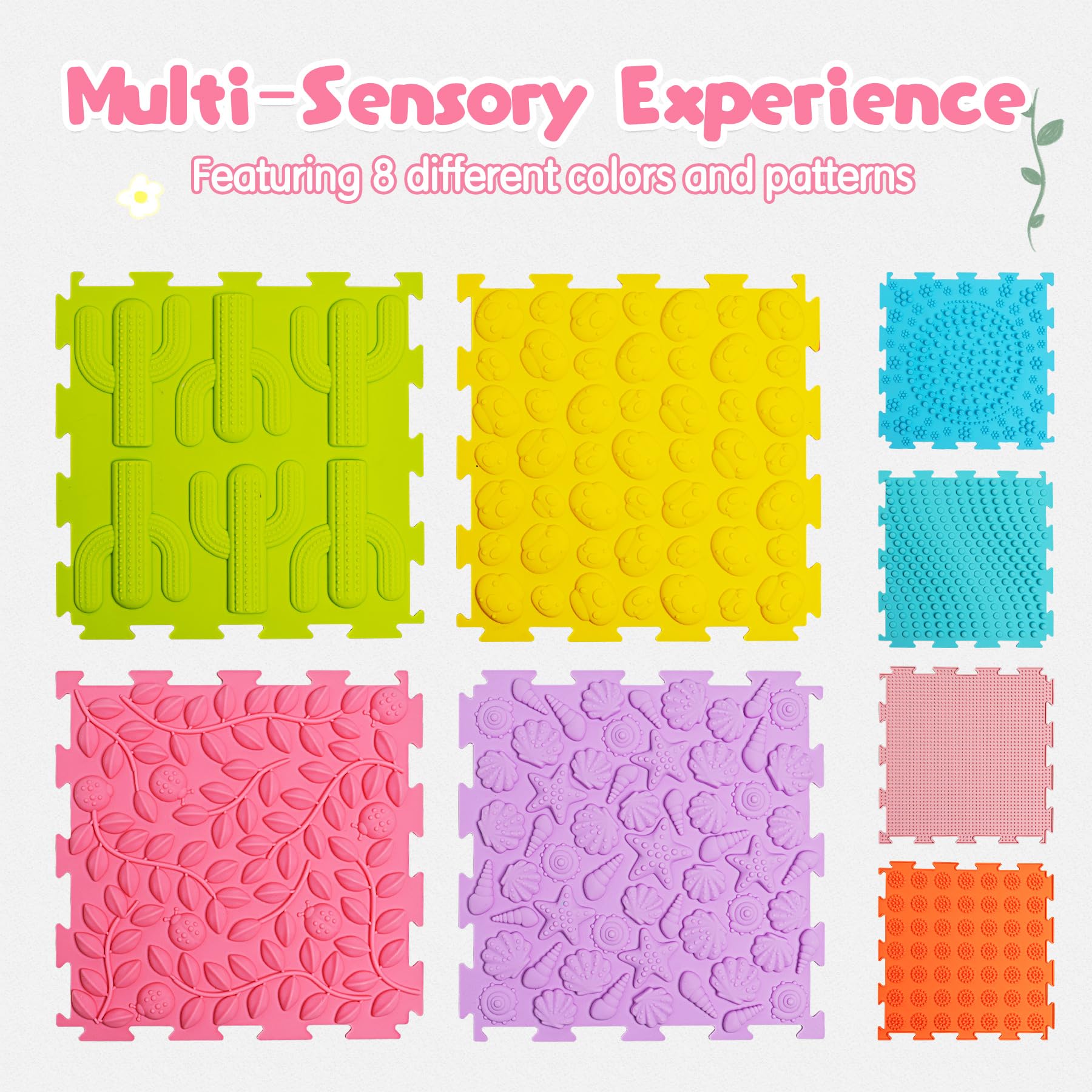 AKIMRABY mats feature patterns and textures to promote tactile exploration.