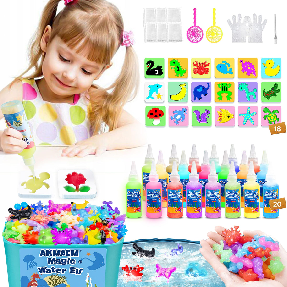 AKMADM Magic Water Elf Toy Kit packaging shows complete set for kids' crafts.