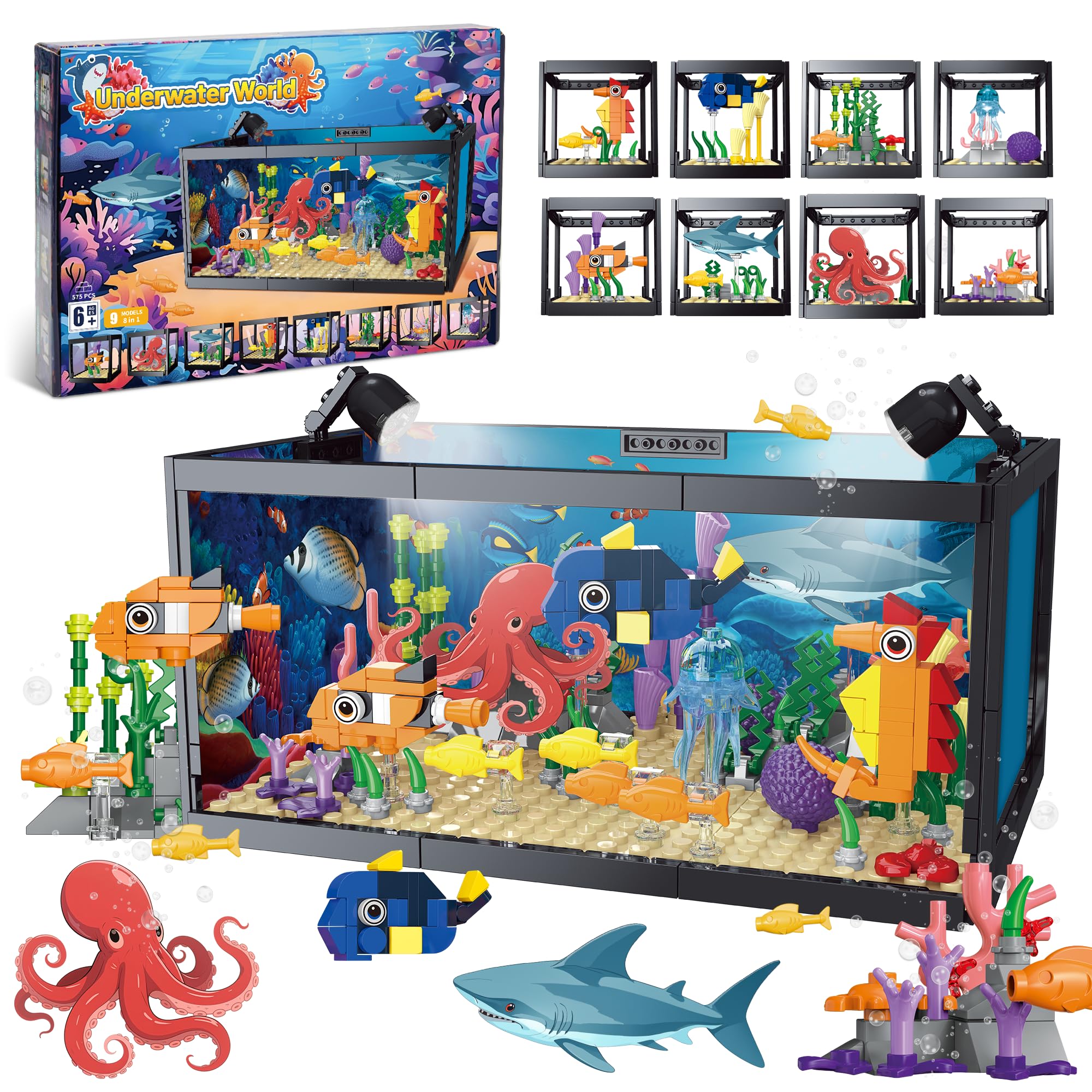 AKWME 8-in-1 fish tank building set with LED light, perfect for desk display.