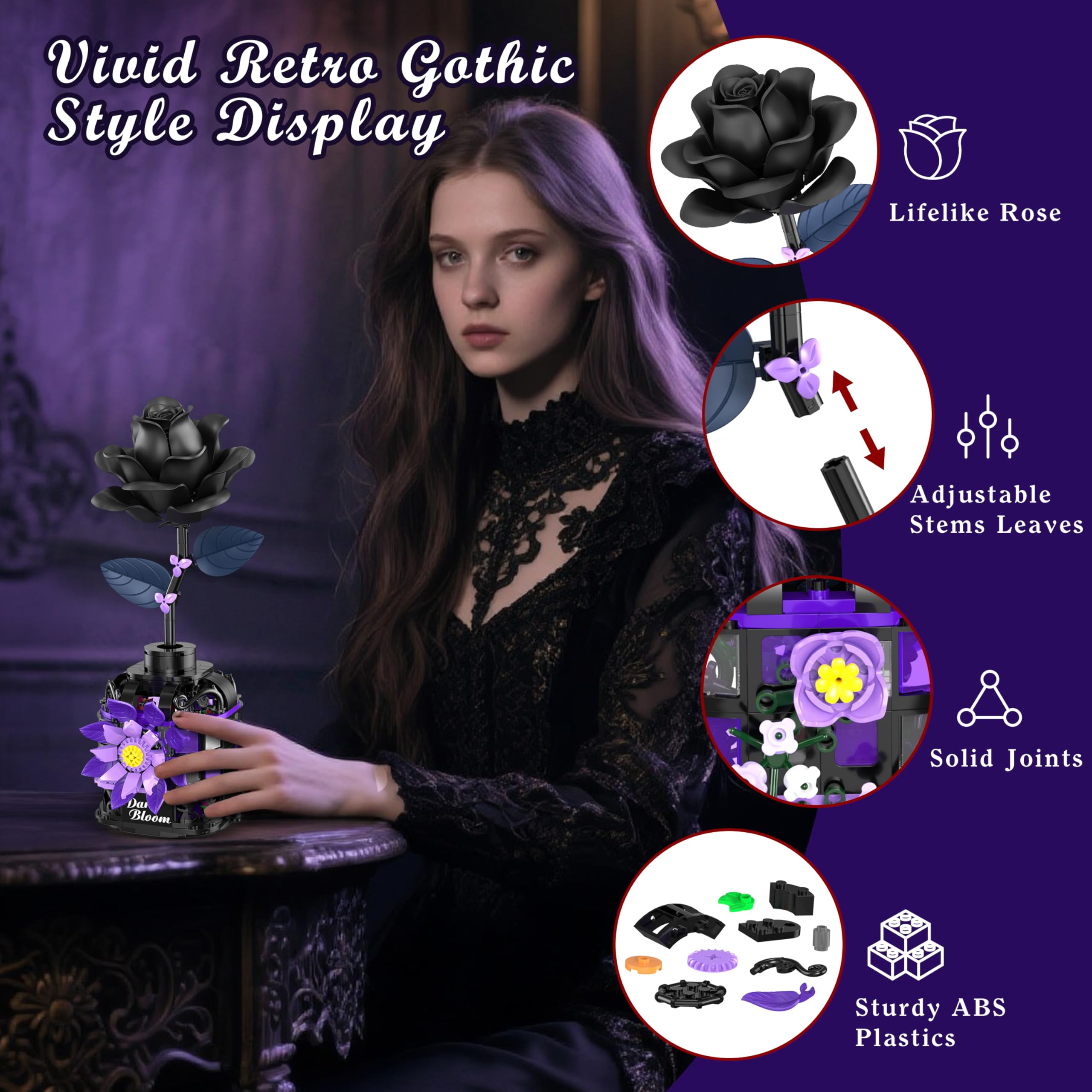 Alagoo Gothic black rose dome vase view with openable vase for striking display.