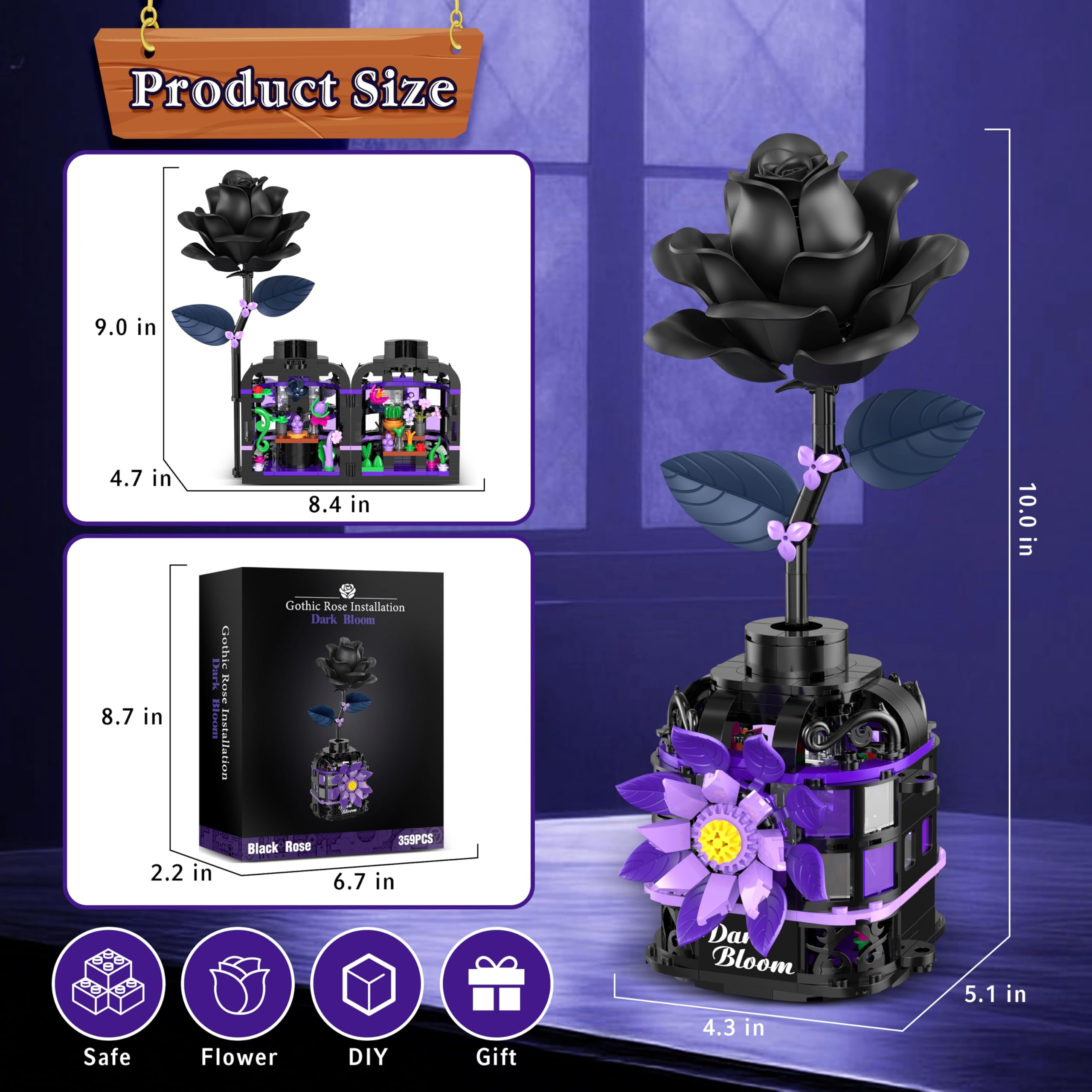 Alagoo openable vase display with finished dark rose sculpture.