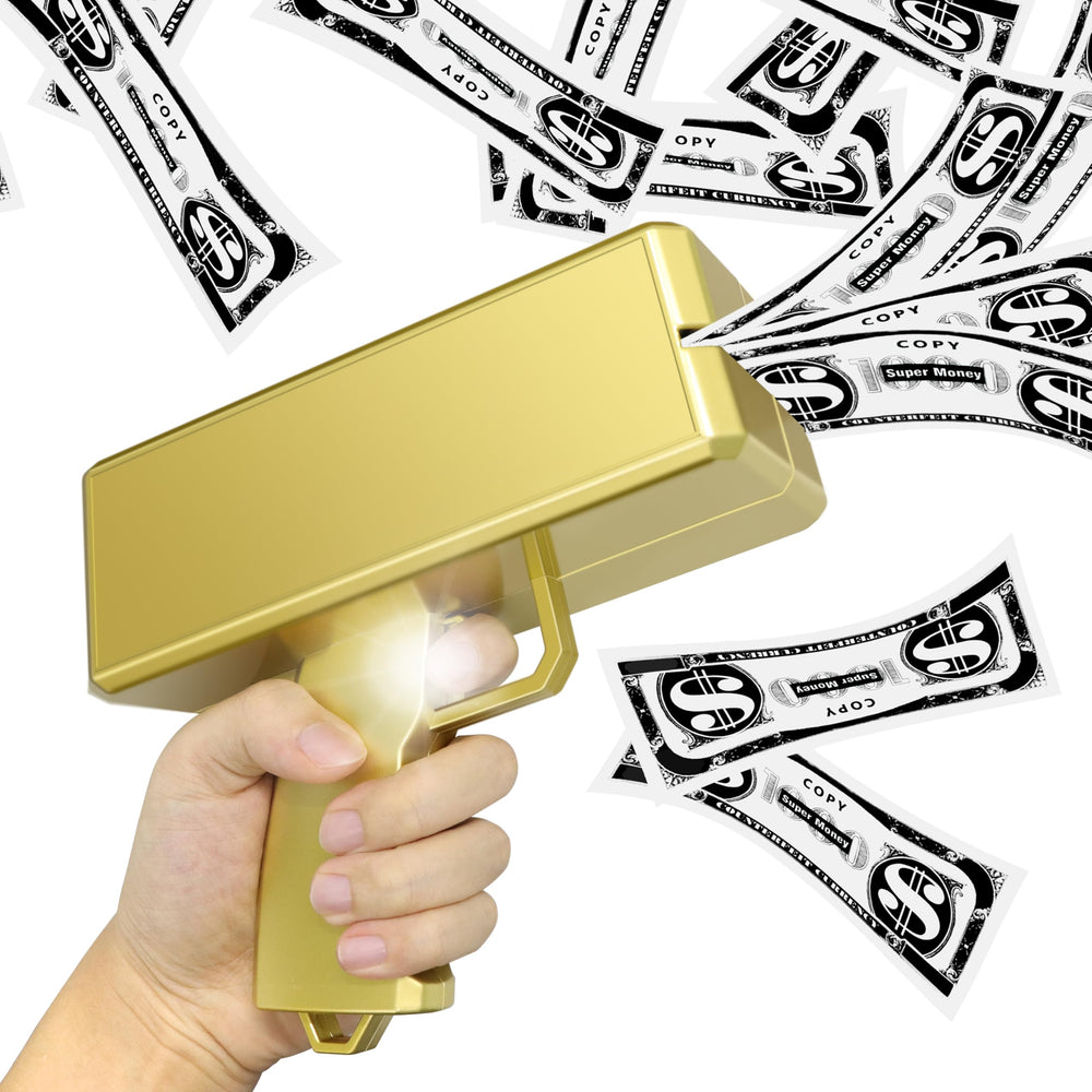 Alagoo money gun gold front view showing rapid bill dispensing for parties