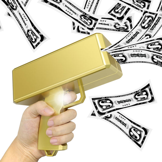 Alagoo money gun gold front view showing rapid bill dispensing for parties