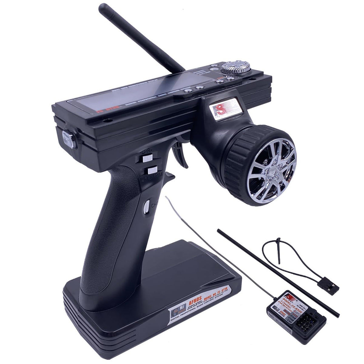 Alaohu FS-GT3B transmitter front view with ergonomic grip for precise control.