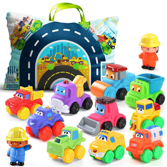 ALASOU 12-piece soft rubber car toys with playmat and bag for portable, imaginative play.