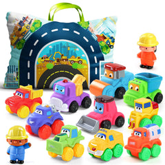 ALASOU 12-piece soft rubber car toys with playmat and bag for portable, imaginative play.