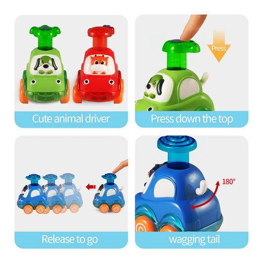 ALASOU animal car toy dog side view encourages curiosity and color recognition.