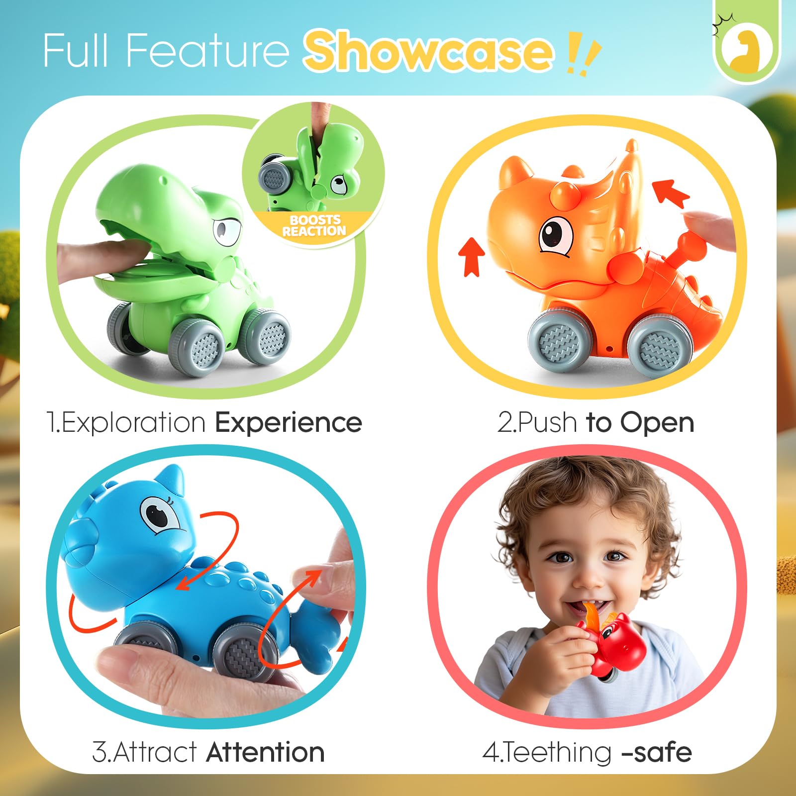ALASOU dinosaur car toy push-pull design promotes exploring motion.