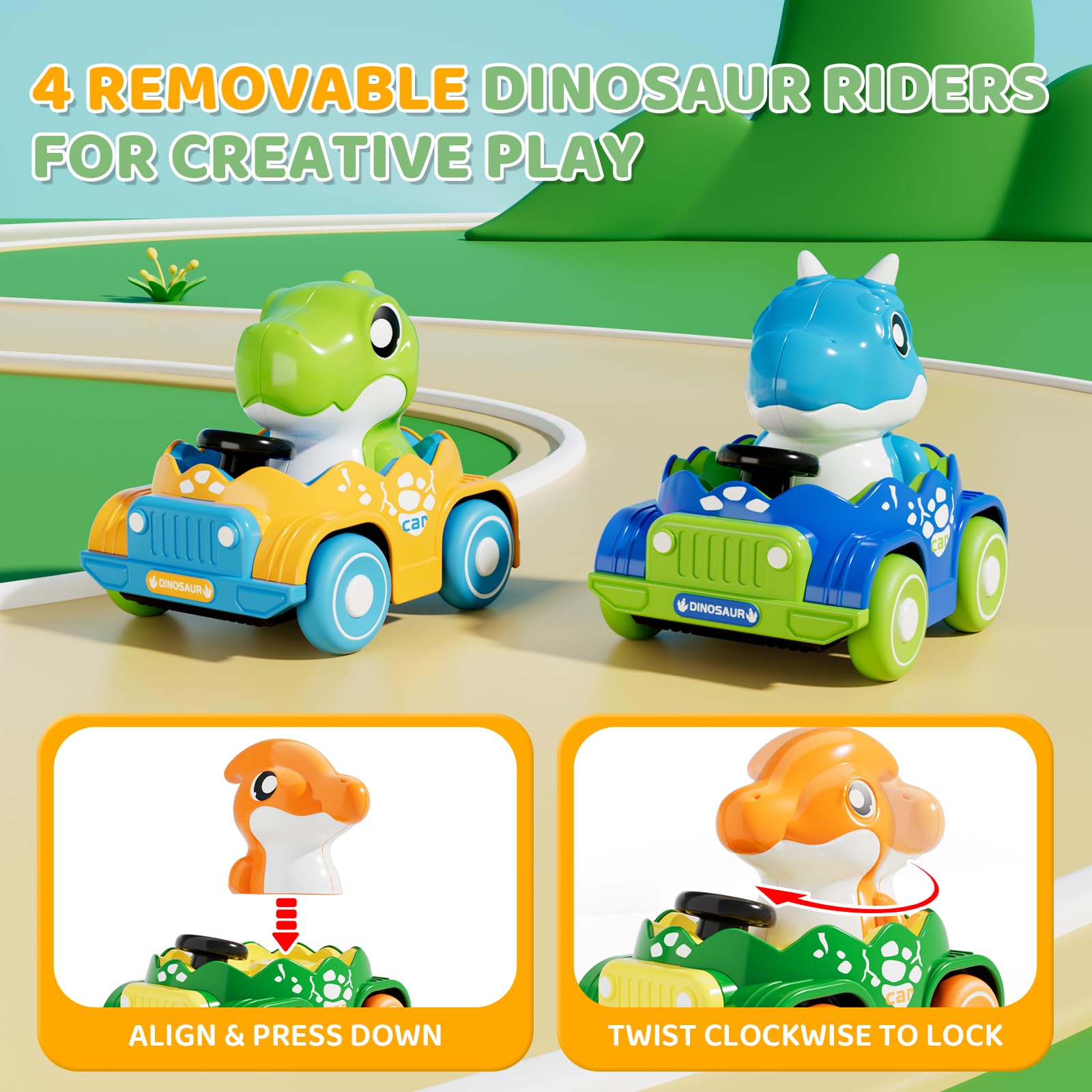 ALASOU green dinosaur car toy offers tactile exploration with soft rubber finish.