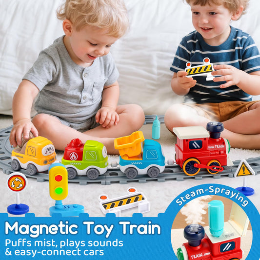 ALASOU train set with magnetic cars enhances collaborative storytelling and fine motor skills.