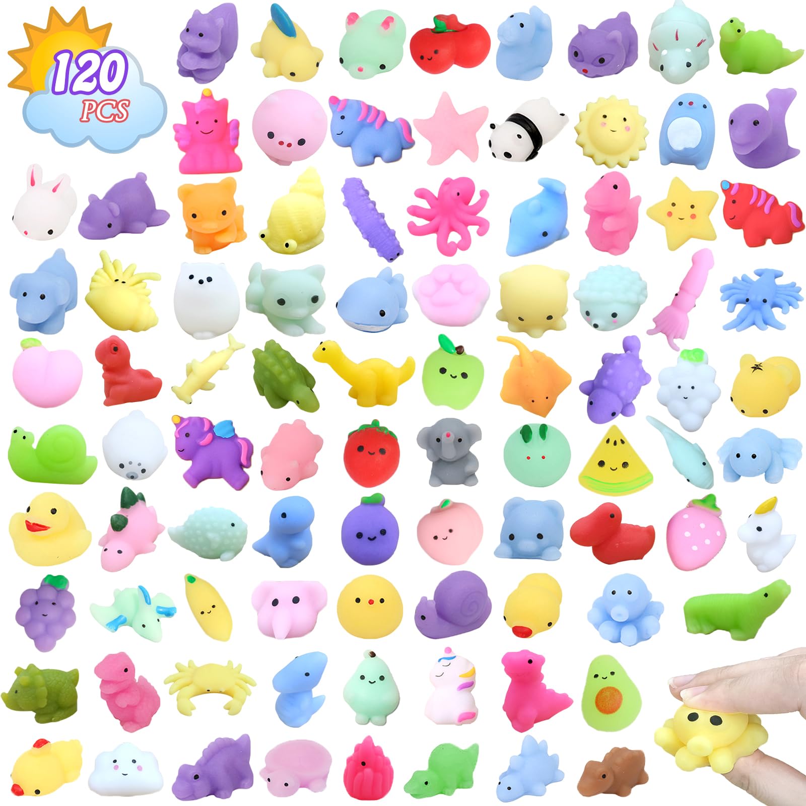 Albiuev 120pcs Mochi Squishy Bulk set for party favors and classroom prizes.
