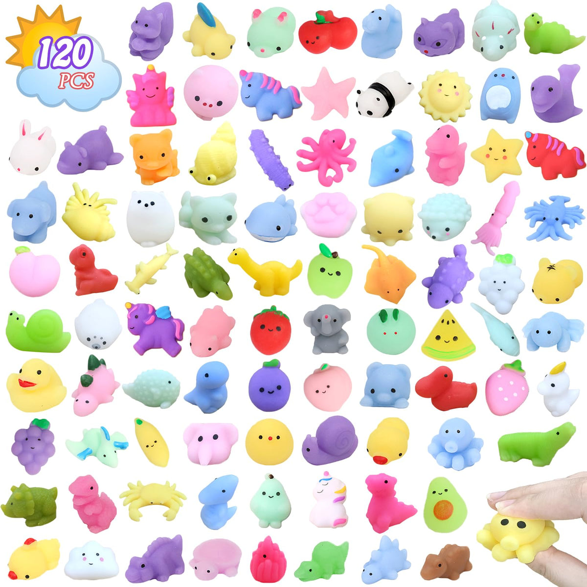 Albiuev 120pcs Mochi Squishy Bulk set for party favors and classroom prizes.