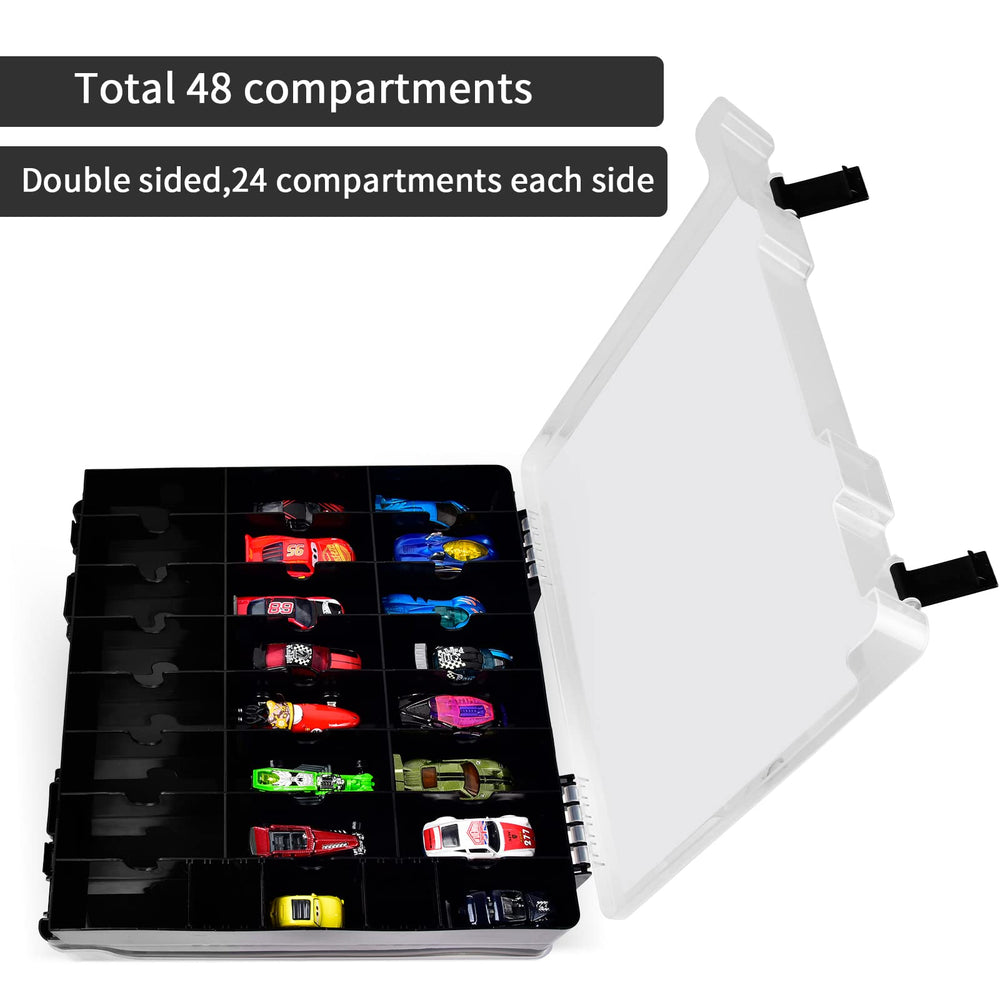 ALCYON storage case opened to reveal two-sided organization for small toys.