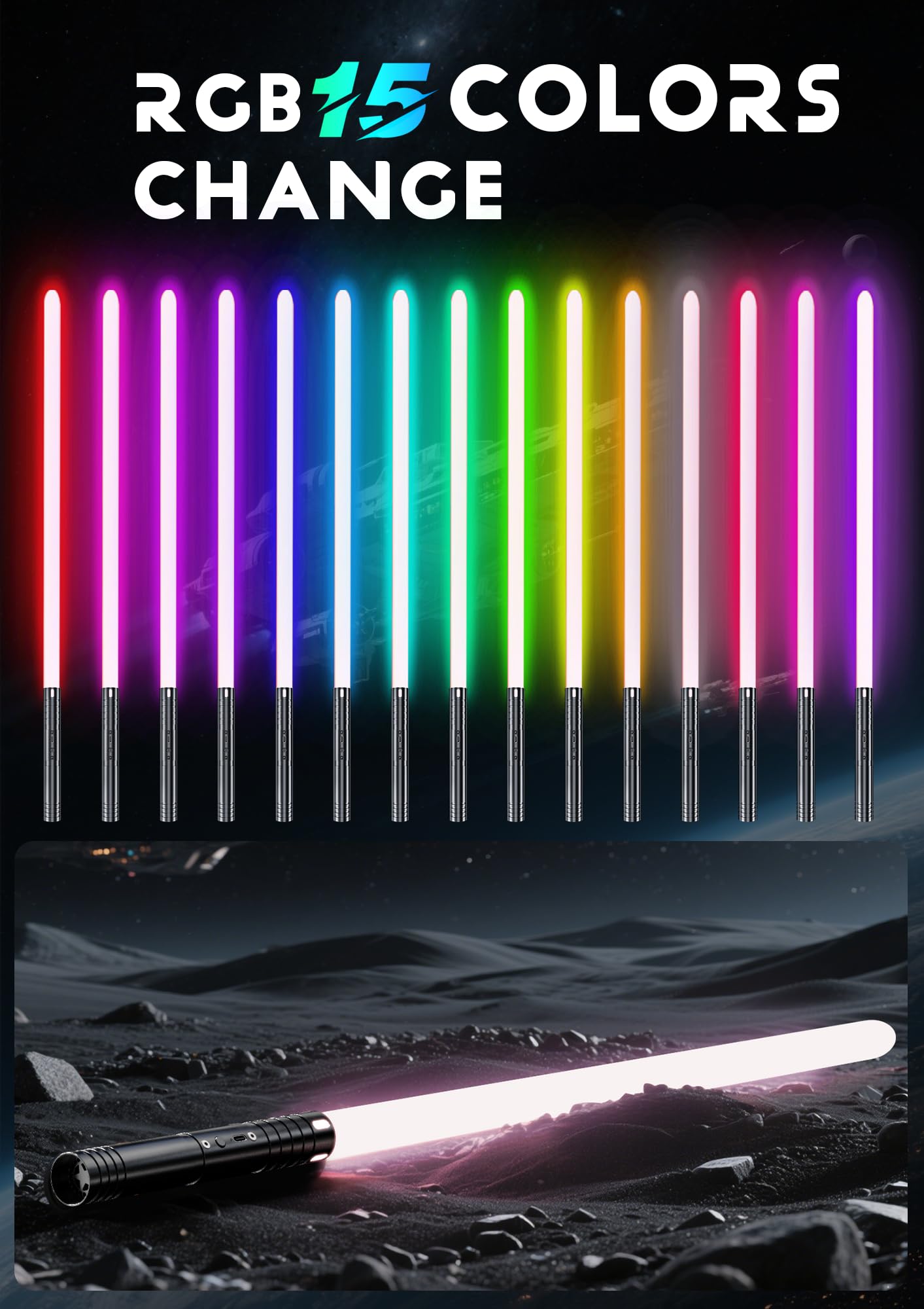 ALEIFLE lightsaber color options with 15 RGB colors for customizable play scenes.