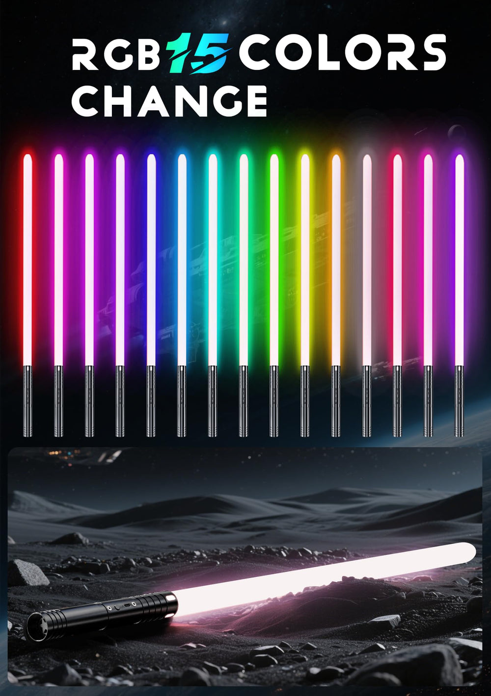 ALEIFLE lightsaber color options with 15 RGB colors for customizable play scenes.