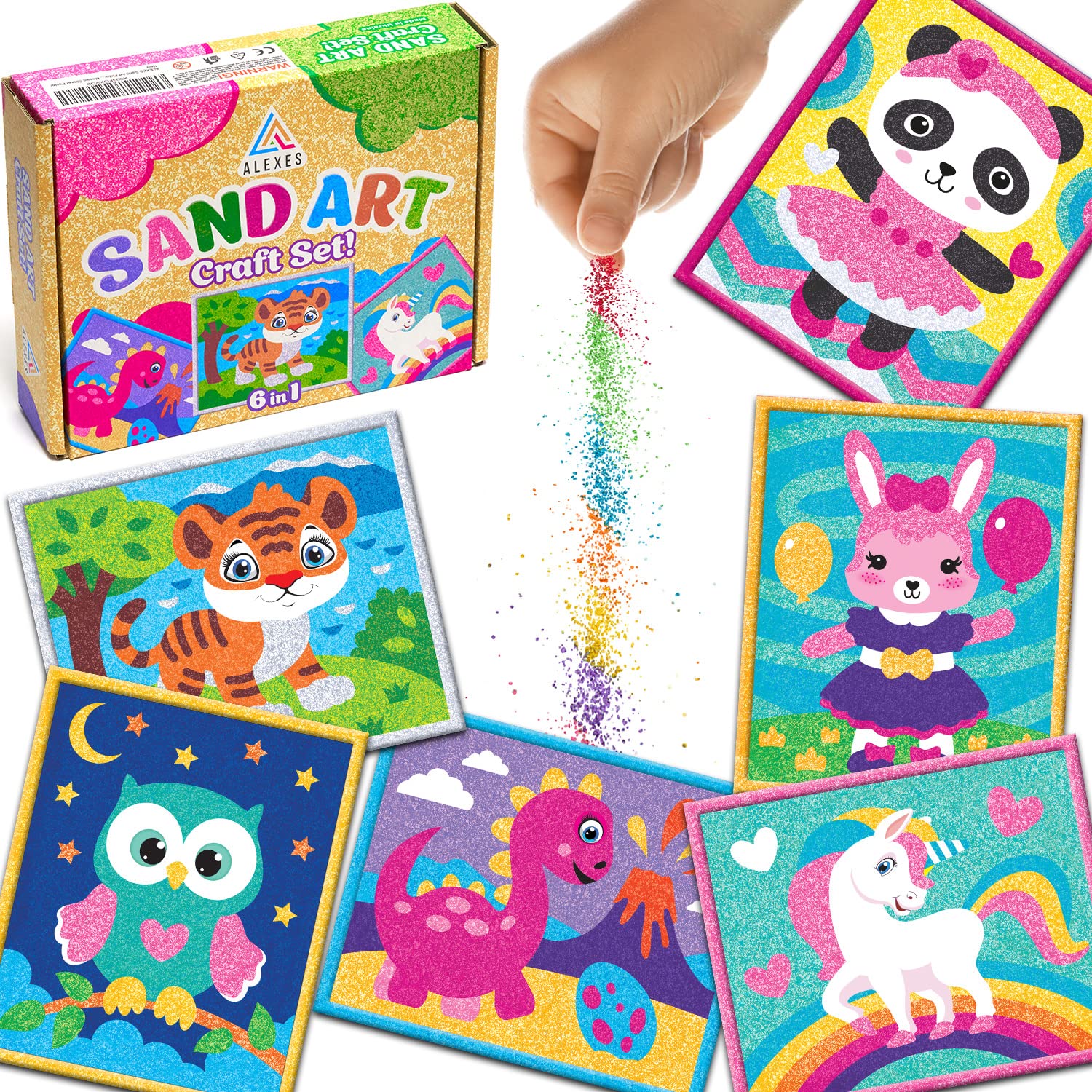 ALEXES Sand Art Pictures with six designs inspires creativity and fine motor skills.