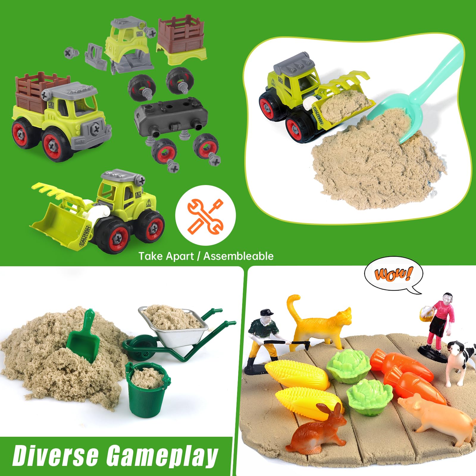 Aliex farm-themed trucks invite hands-on assembly and imaginative construction play.