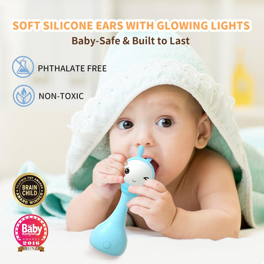 Alilo Yoyo bunny ears light up in colors to support visual tracking.