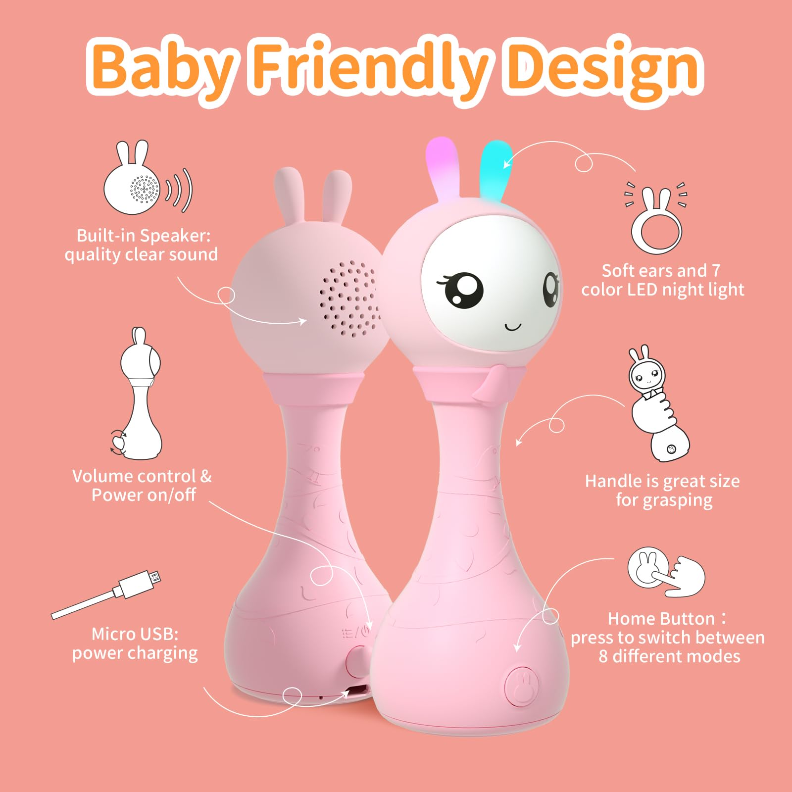 alilo Yoyo Talking Bunny rattle rechargeable for mess-free play.