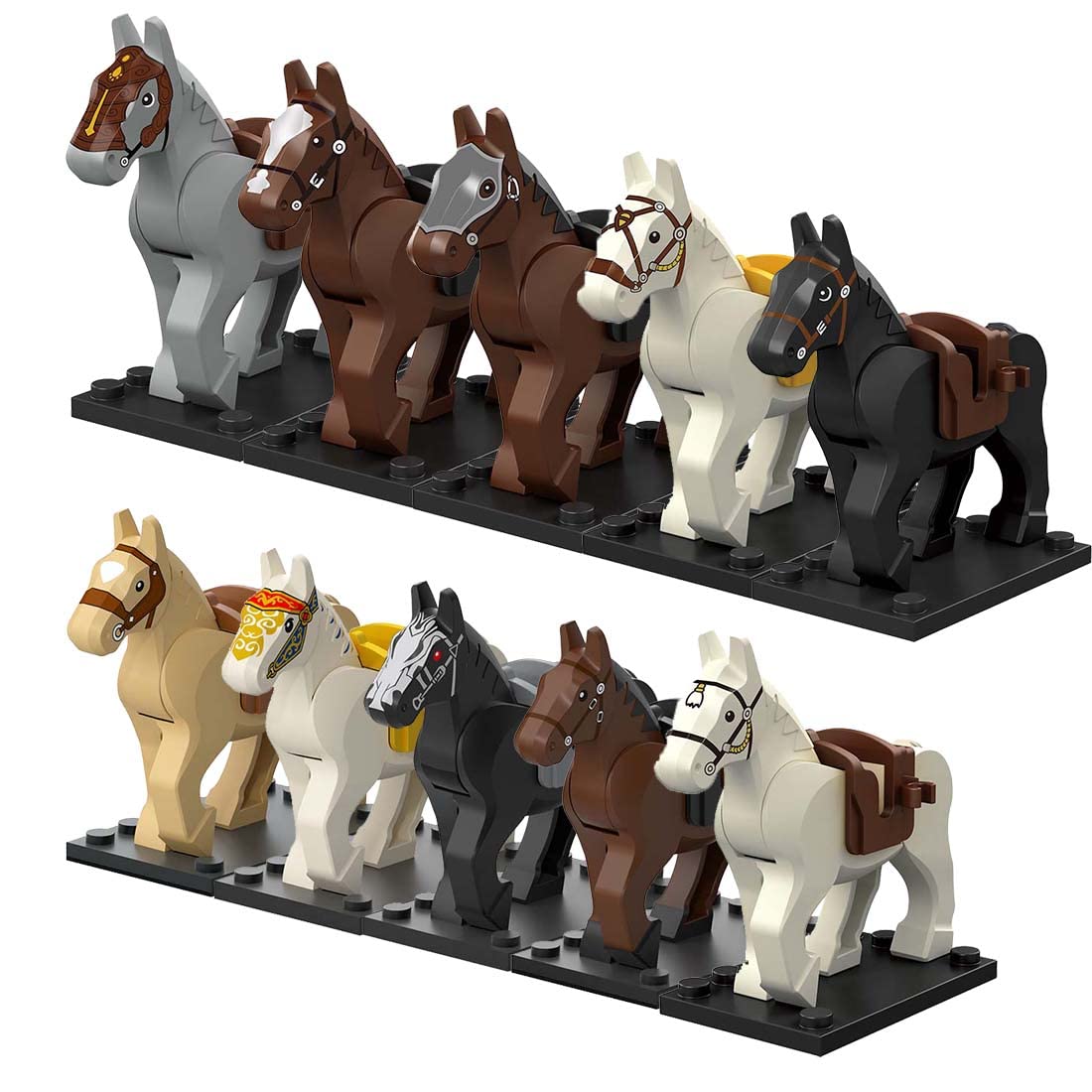 ALiquid custom minifigure horse set with saddles and bases for compatible LEGO figures