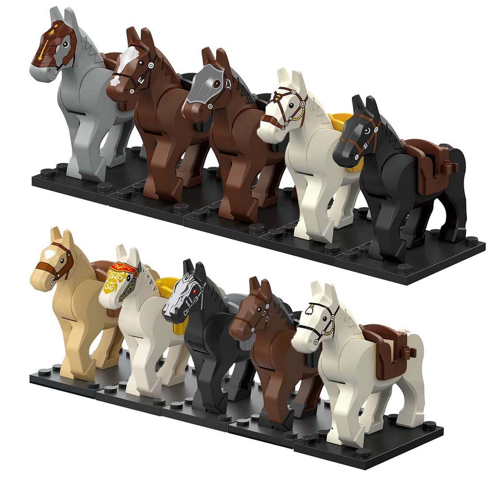 ALiquid custom minifigure horse set with saddles and bases for compatible LEGO figures