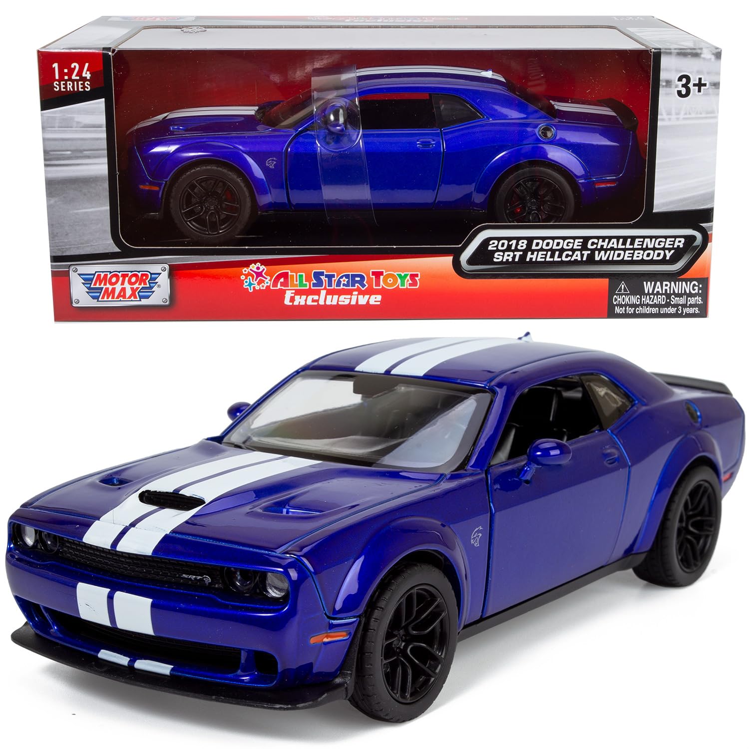 All Star Toys 2018 Challenger SRT Hellcat Indigo Blue window box showcases collectible display appeal