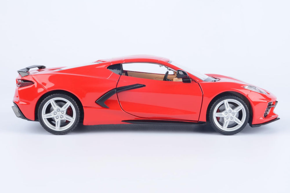 Front angle highlights torch red color and sporty silhouette of the C8 Stingray.