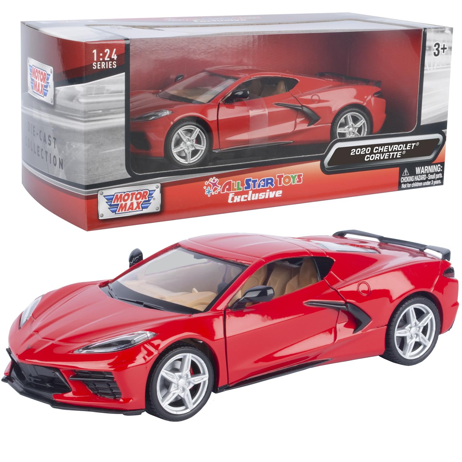 All Star Toys Corvette C8 Stingray torch red with open doors for dramatic display.
