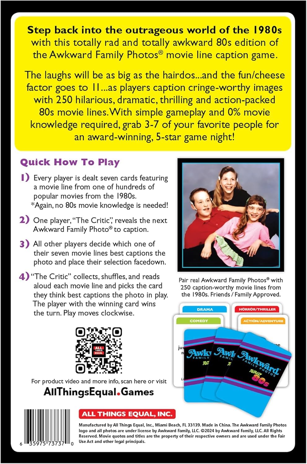 All Things Equal Awkward 80s game cards spread showing easy setup and play.