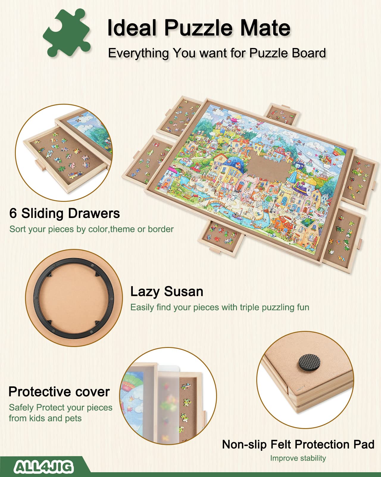 ALL4JIG 6-drawer organizer keeps pieces sorted by color, edge, and theme.