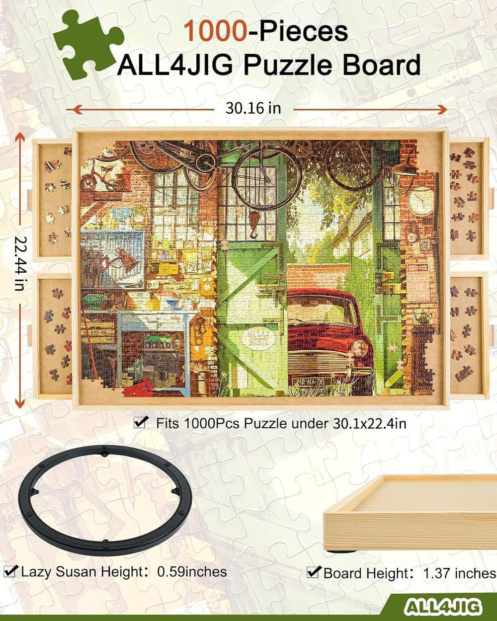 ALL4JIG puzzle table lazy susan rotation enables easy piece access.