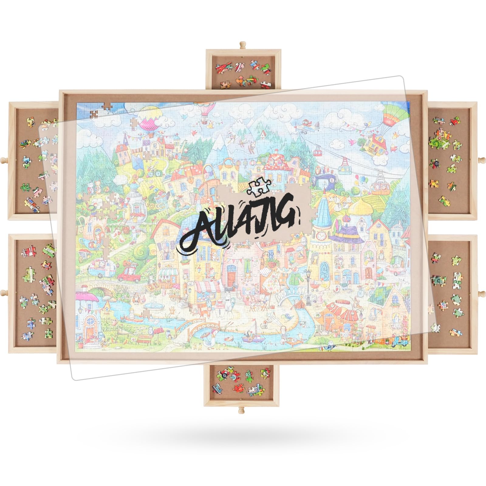 ALL4JIG rotating puzzle board with six drawers for organized piece sorting.