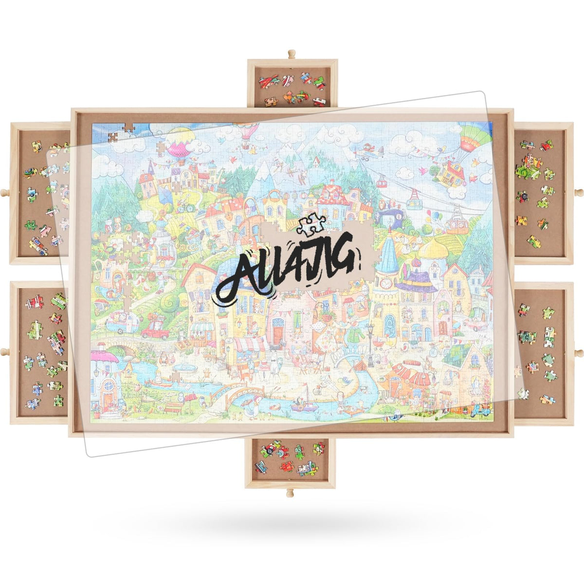 ALL4JIG rotating puzzle board with six drawers for organized piece sorting.