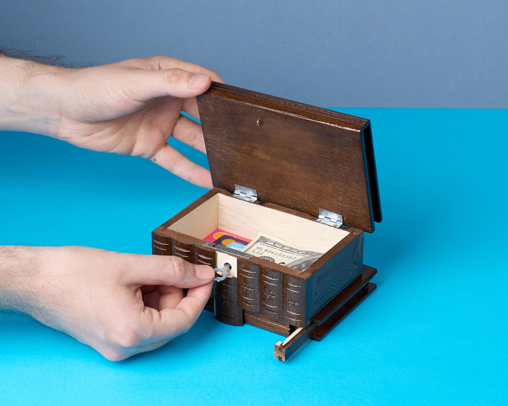 Allboxesinoneplace puzzle box natural oils finish on smooth wood.