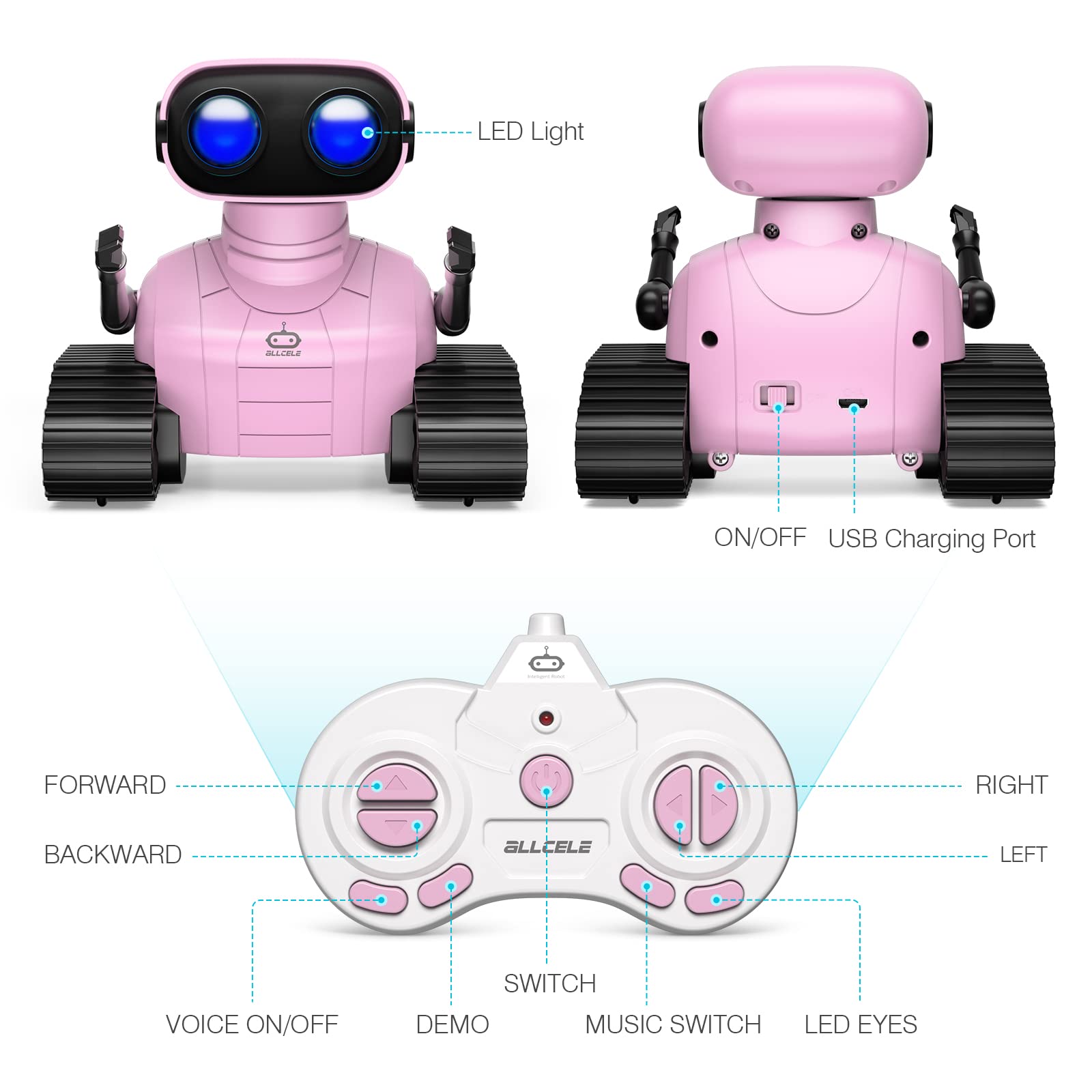 ALLCELE Girls Robot Toy pink rechargeable battery for longer play