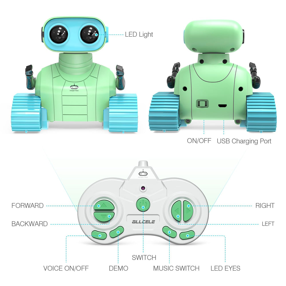 ALLCELE robot toy charging via USB for ready to play sessions