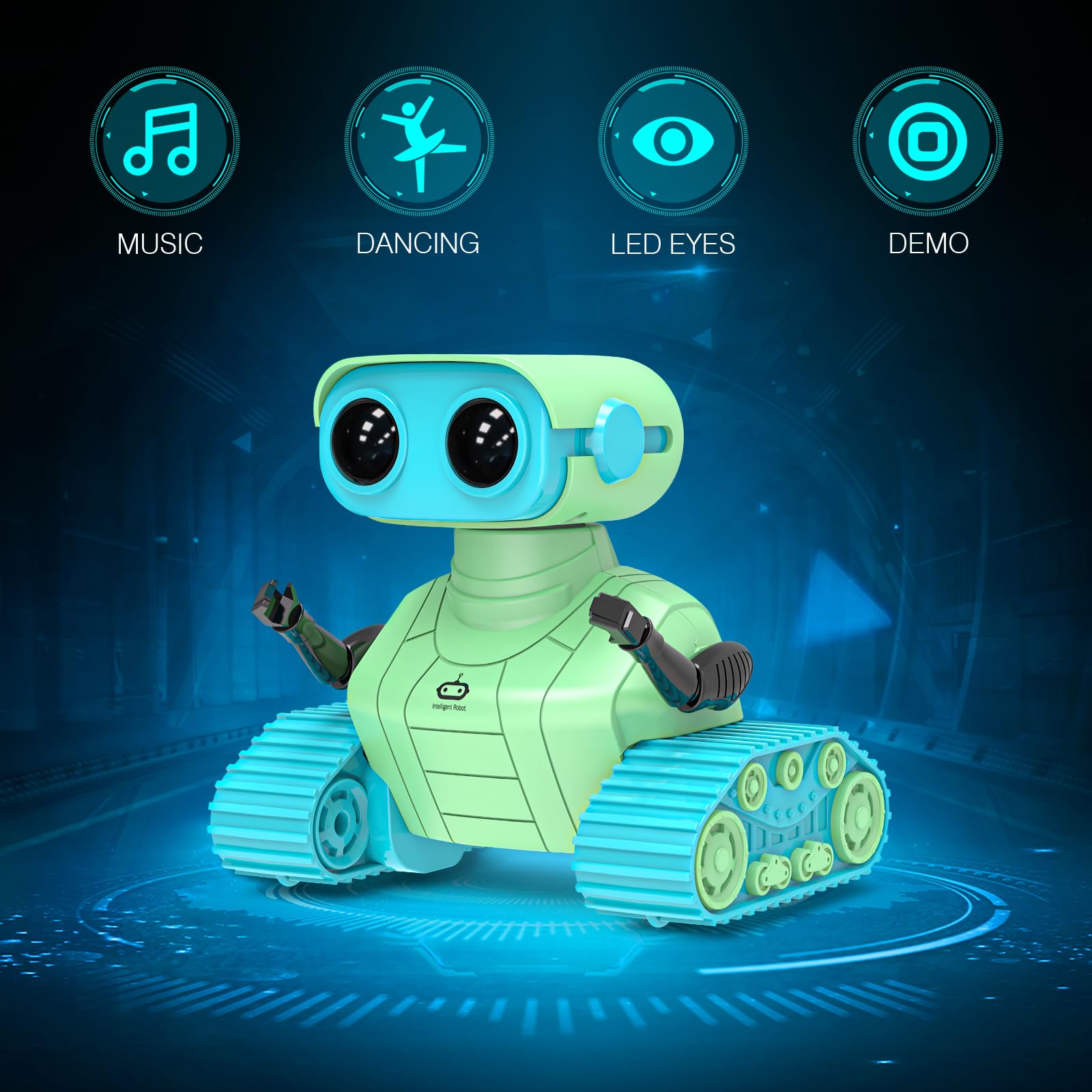 ALLCELE robot toy LED eyes closeup showing vibrant illumination for immersive play