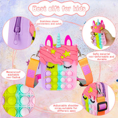 Alldriey Pop Purse Rainbow Strap highlights the adjustable wear for growing children.