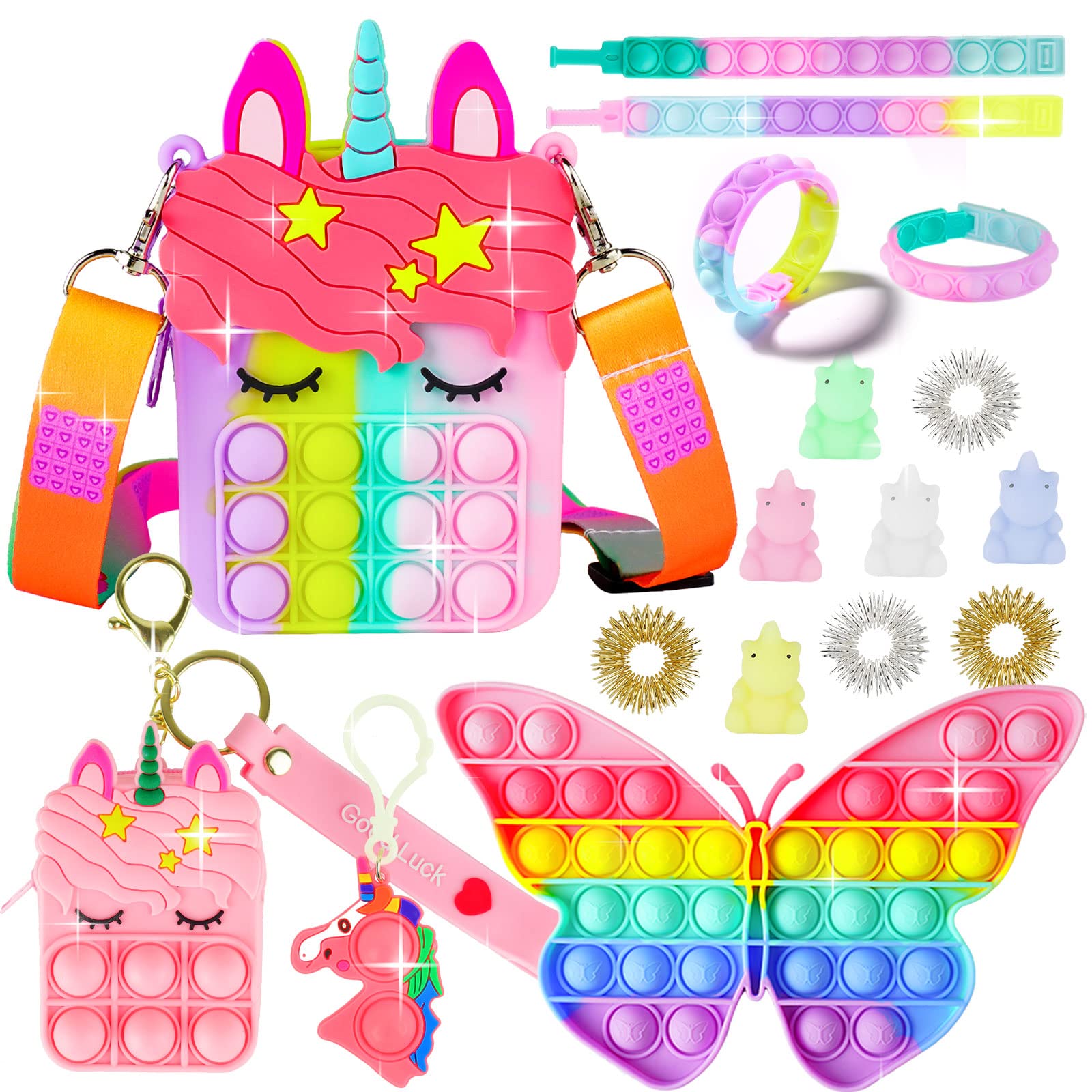 Alldriey Pop Purse Unicorn Front view—a colorful crossbody toy for kids.