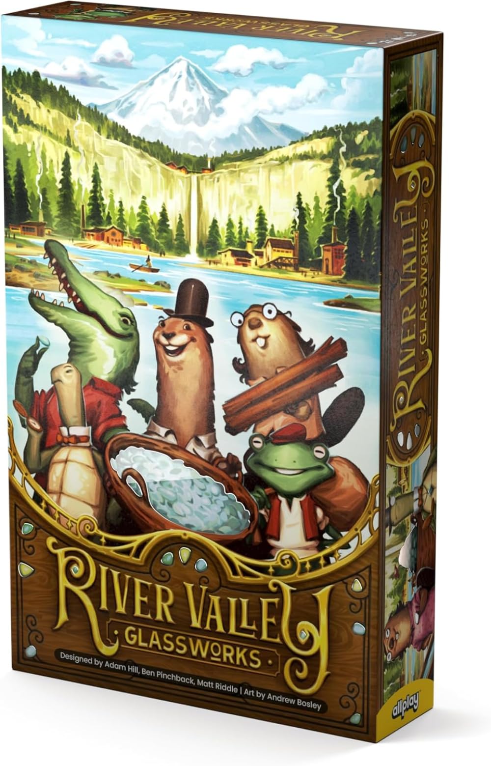 Allplay River Valley Glassworks box art highlights colorful components for family game night.