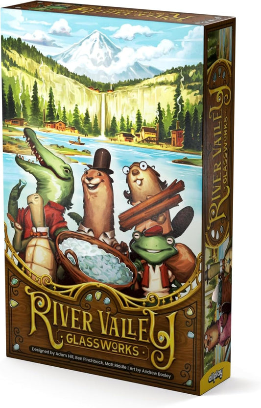 Allplay River Valley Glassworks box art highlights colorful components for family game night.