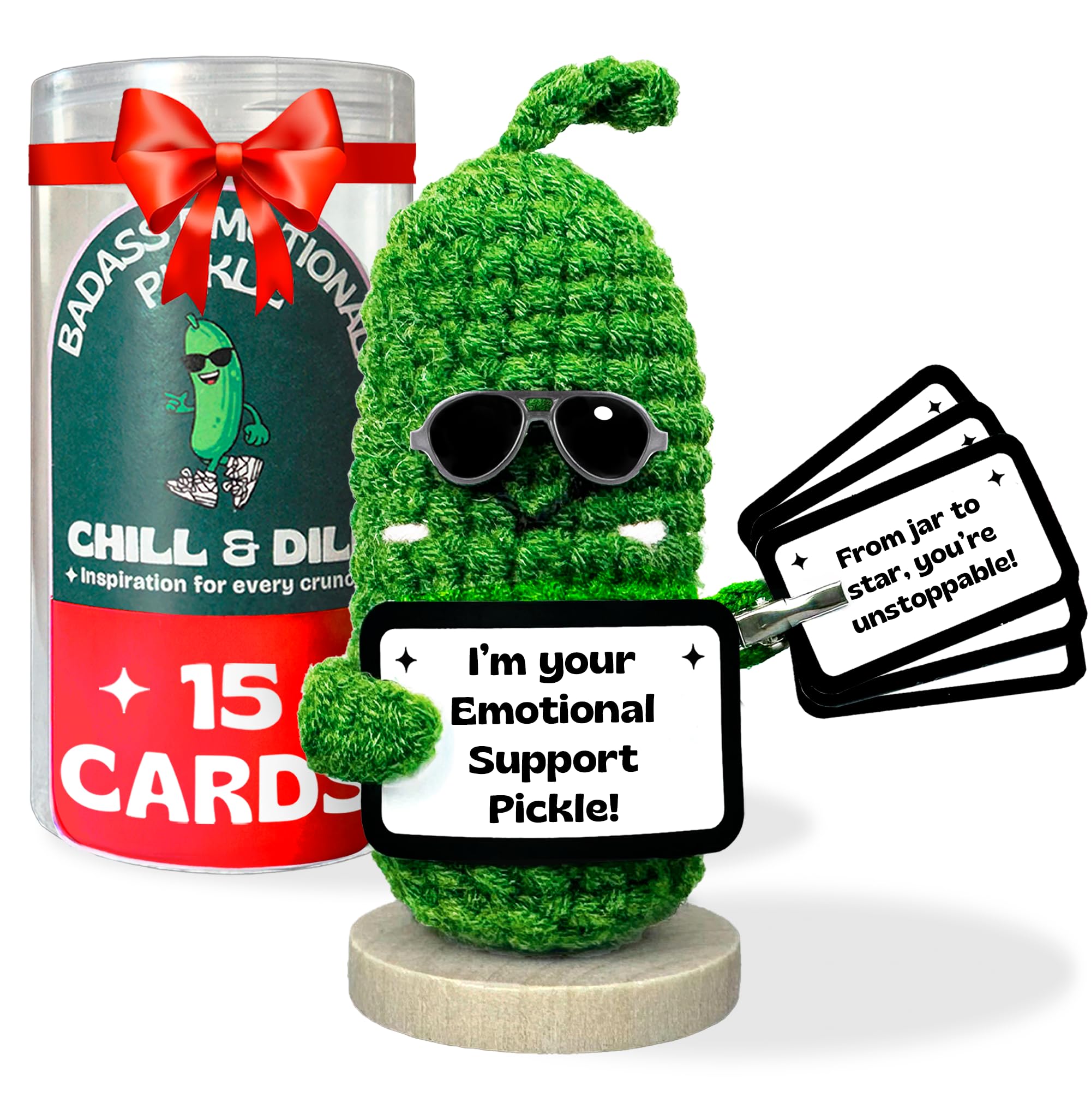Almacura emotional support pickle in a jar for display and cozy vibes