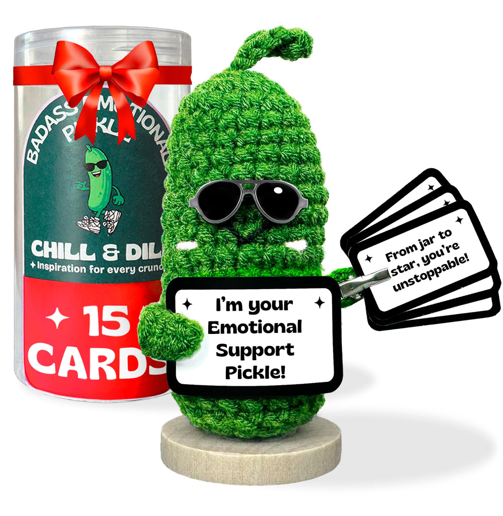 Almacura emotional support pickle in a jar for display and cozy vibes
